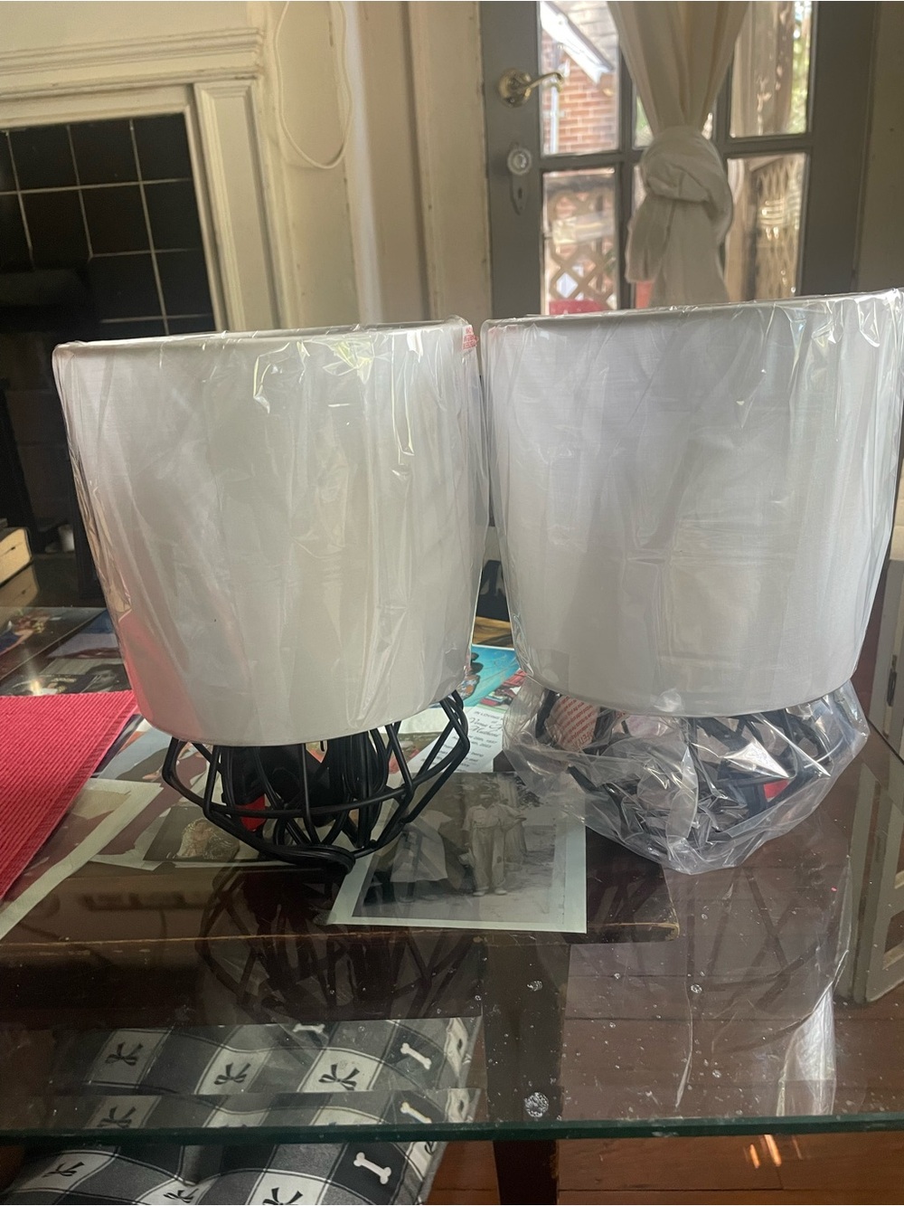 White Cage Table Lamps with Black Wire Base - H 10 x W 7
